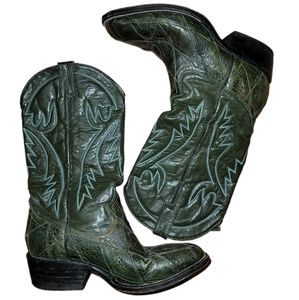 Tronco Olive Green Leather Western Cowboy Boots Turquoise Stitching